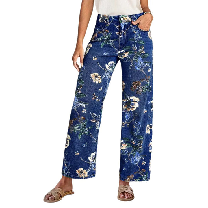 Women's Wide Cut Jeans with Floral Print and High Waist