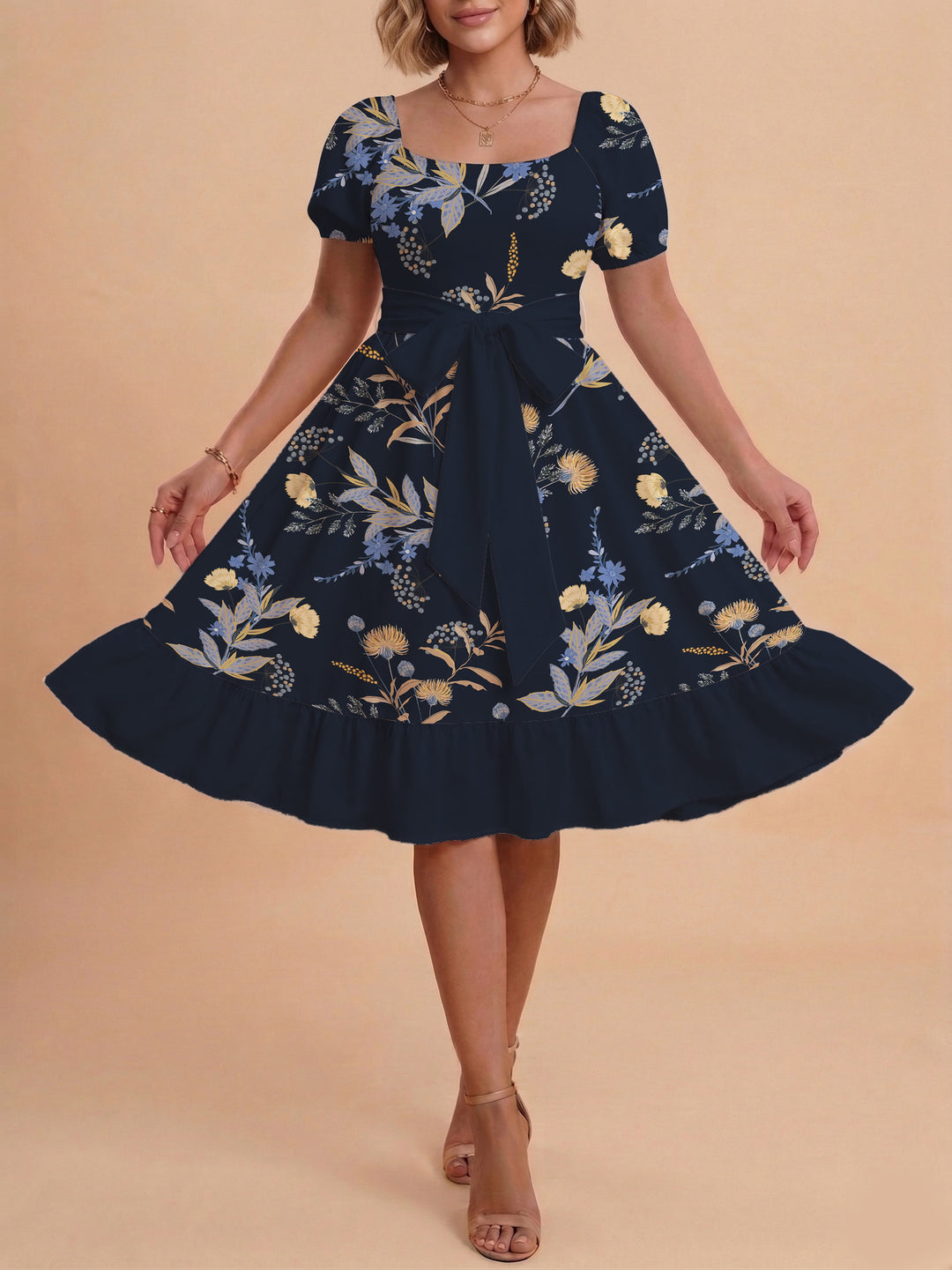 Women's Midi Dress with Elegant Floral Print and Fitted Belt Lune London