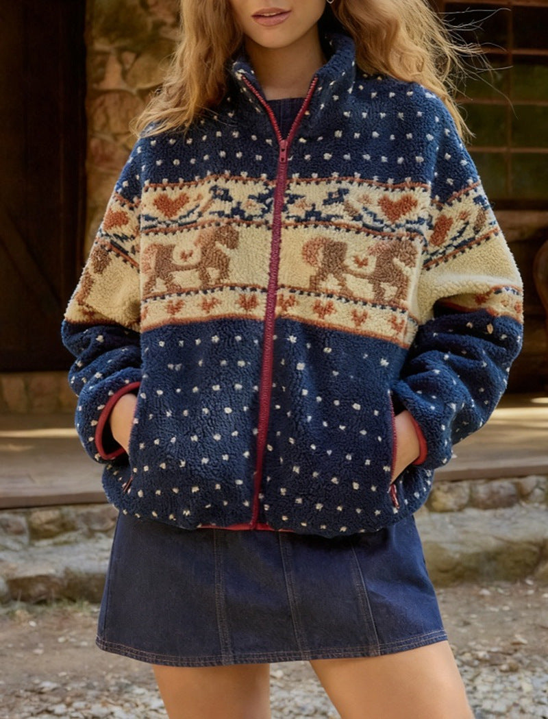 Veste en polaire pour femmes avec imprimé animal et col haut Chic & Stil