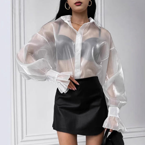 Women's Transparent Blouse with Voluminous Sleeves and Elegant Ruffle Details Chic Und Stil