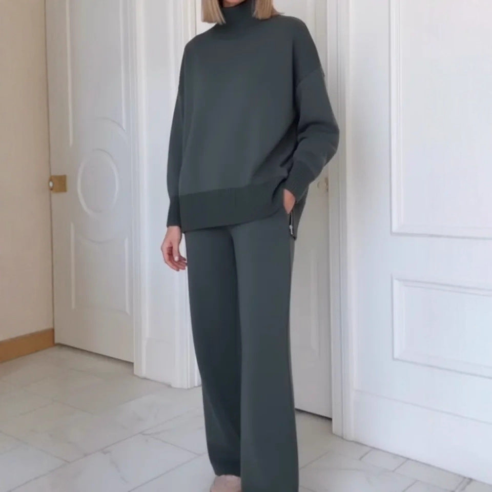 Ensemble de vêtements d'intérieur tricoté confortable pour femmes avec un sweat à col montant et un pantalon large Chic & Stil
