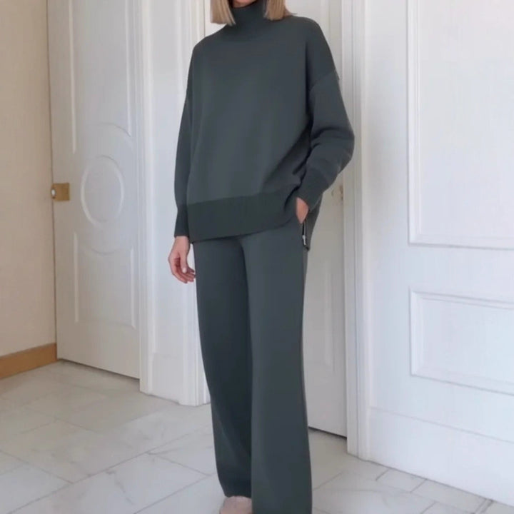 Ensemble de vêtements d'intérieur tricoté confortable pour femmes avec un sweat à col montant et un pantalon large Chic & Stil