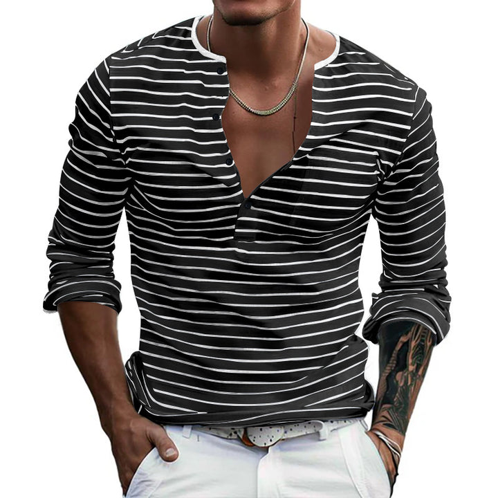 Men's long sleeve t-shirt with striped design and button placket Lune London