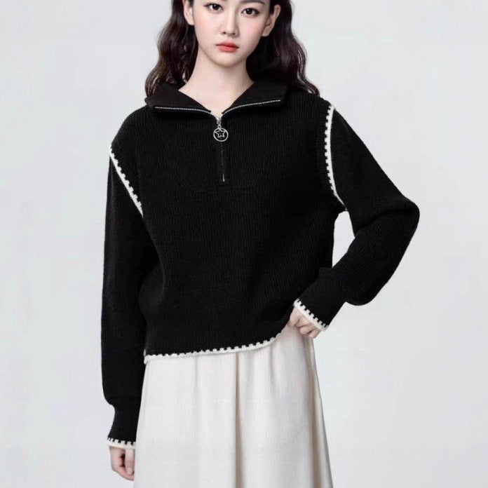 Knitted sweater for women with high collar and zipper Lune London