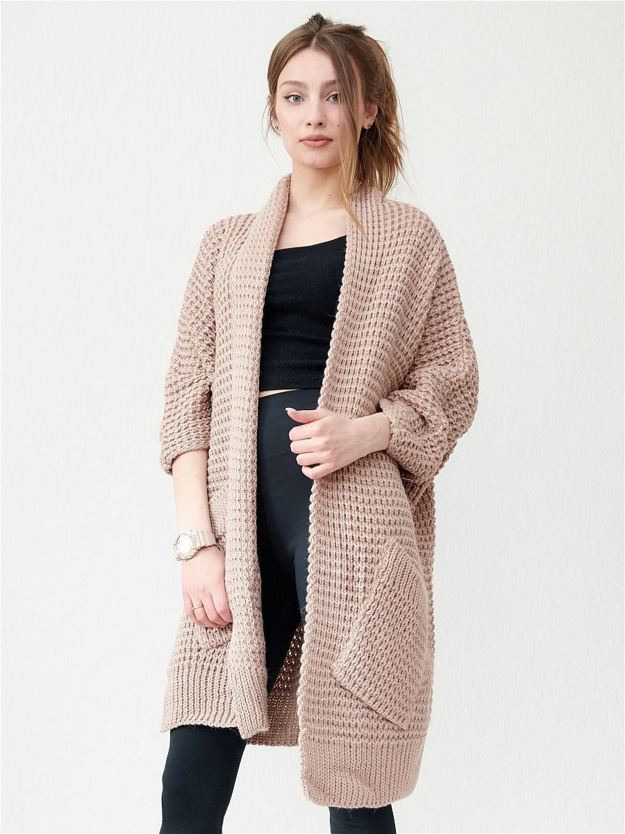 Ladies chunky knit cardigan with open fronts and practical pockets Lune London