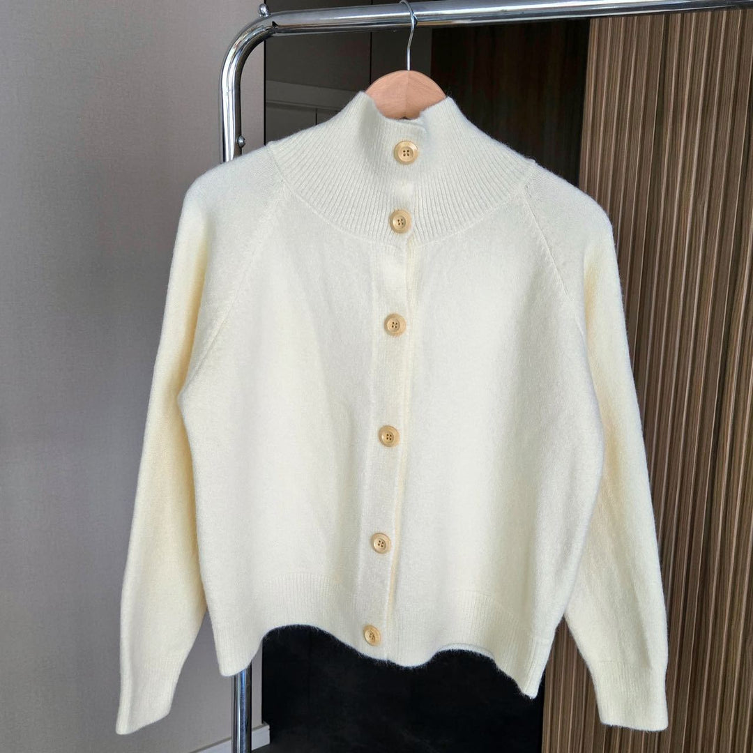 Knit jacket for women with high collar and large buttons Lune London