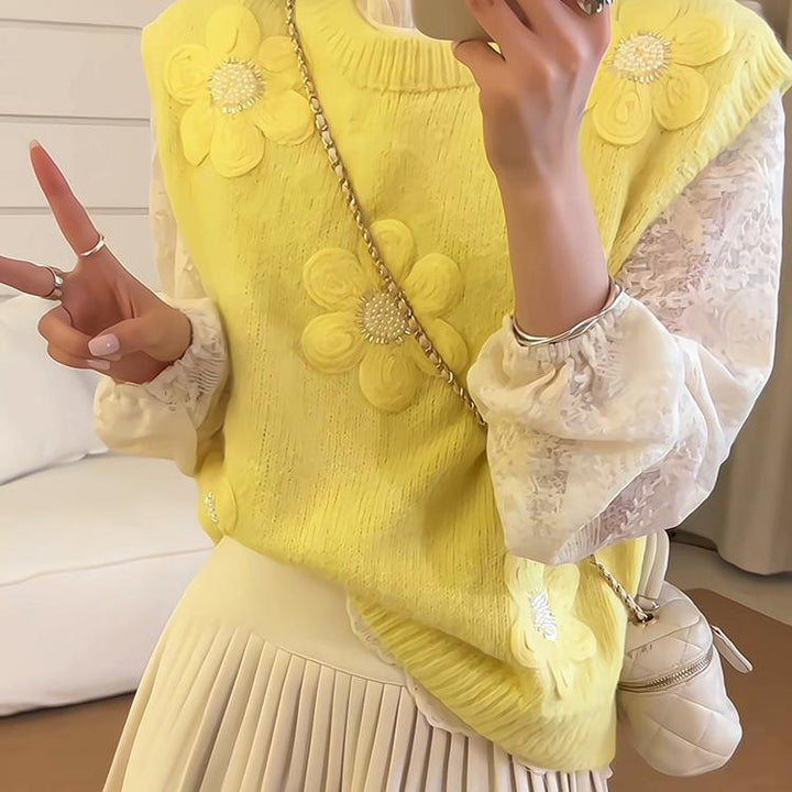 Pull en tricot pour femmes avec des appliqués floraux 3D Chic & Stil