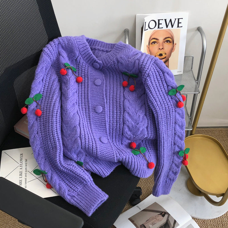 Women's chunky knit sweater with floral appliqués and button details Lune London
