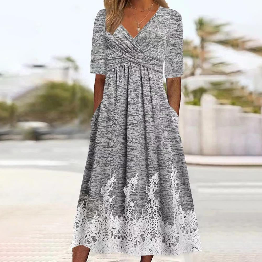 Elegant maxi dress with V-neck and lace for women Lune London
