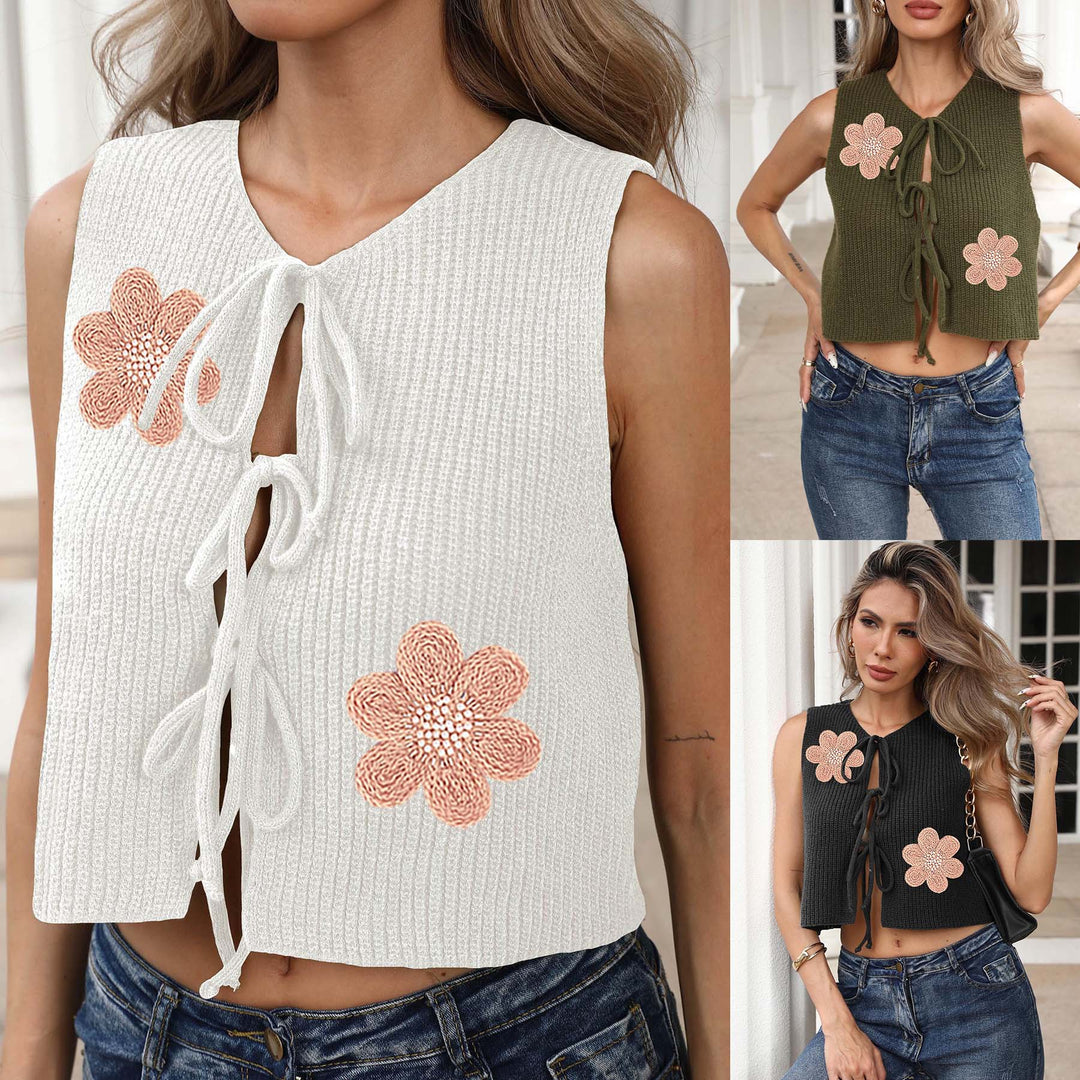 Women short knitted top with floral embroidery Lune London