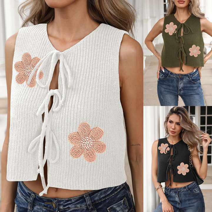 Women short knitted top with floral embroidery Lune London