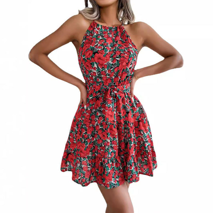 Short dress for women, floral print with high neckline and fitted silhouette Lune London