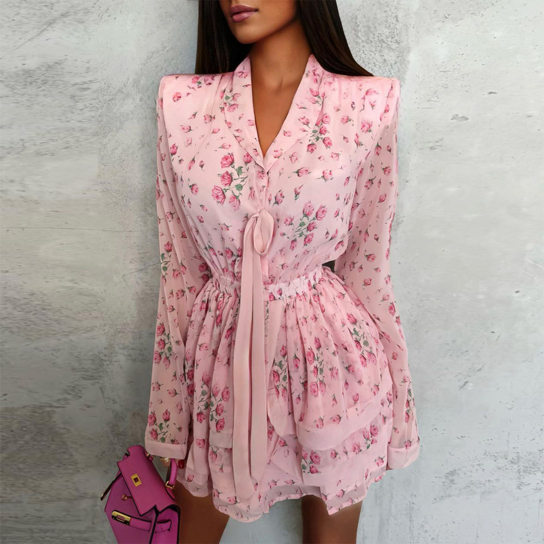 Women's Romantic Floral Dress with Deep V-Neck and Gatherings