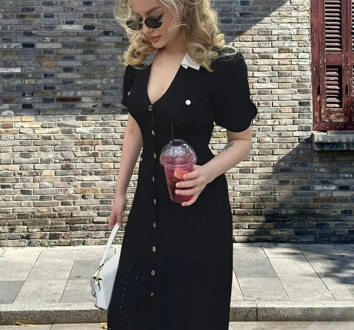 Midi dress for women with button placket and contrasting collar Lune London