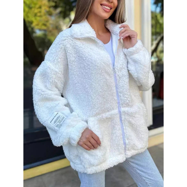 Ladies Plush Fleece Jacket with High Collar and Practical Pockets Lune London