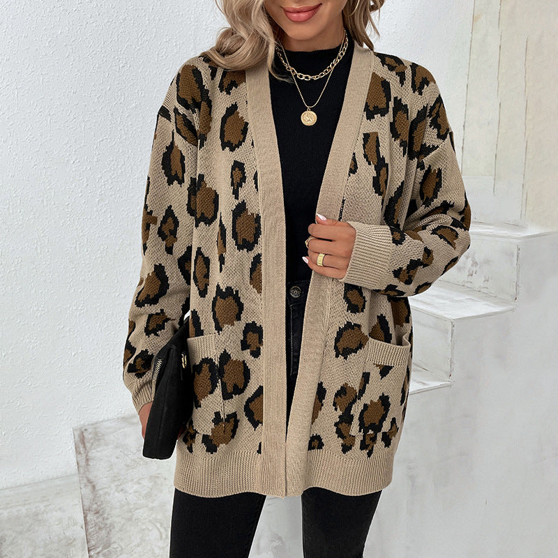 Leopard print knit jacket for women with practical pockets Lune London