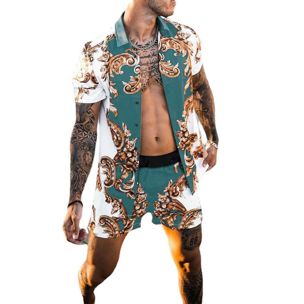 Chic und Stil men's short sleeve t-shirt and tropical print shorts set