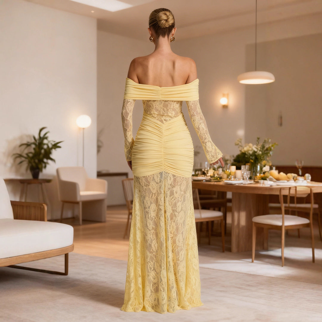 Elegant lace maxi dress for women with refined ruffle details and bare straps Chic & Stil