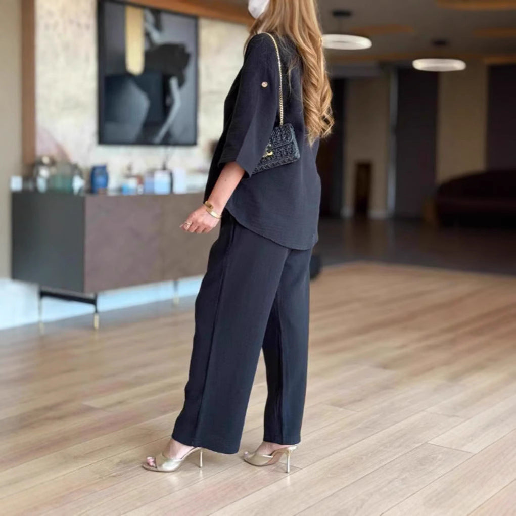 Lightweight linen two-piece clothing set for women with button details Lune London