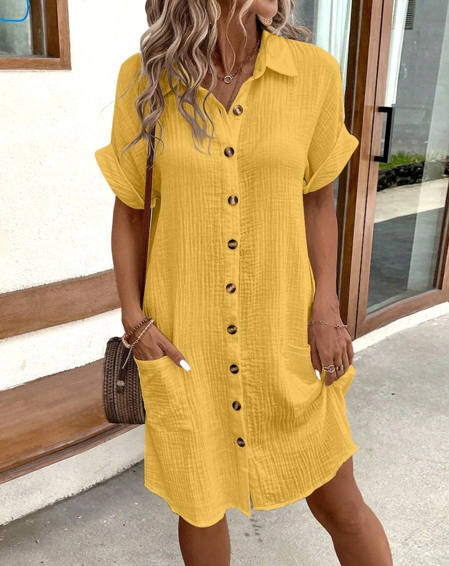 Casual button dress for women in lightweight cotton with practical pockets and rollable sleeves Lune London