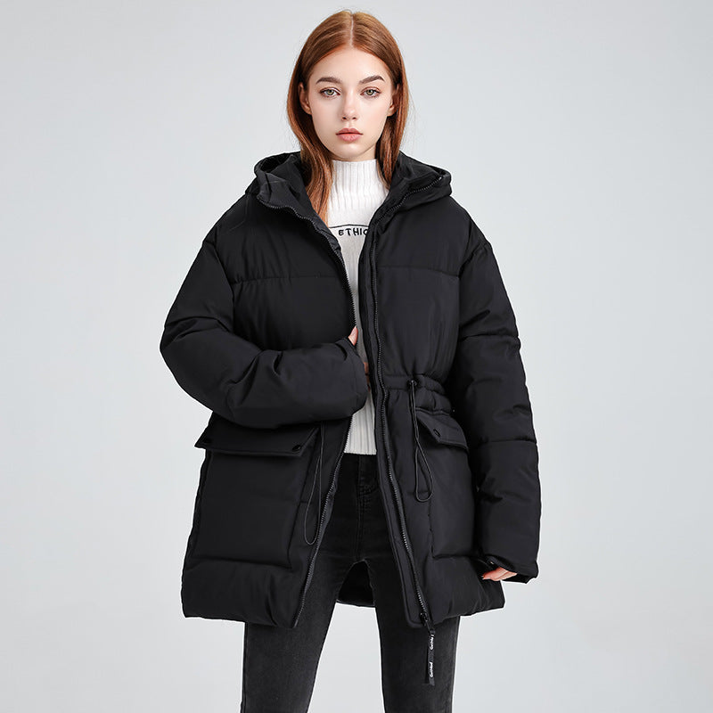 Insulated parka jacket for women with adjustable waist drawstring and practical pockets Lune London