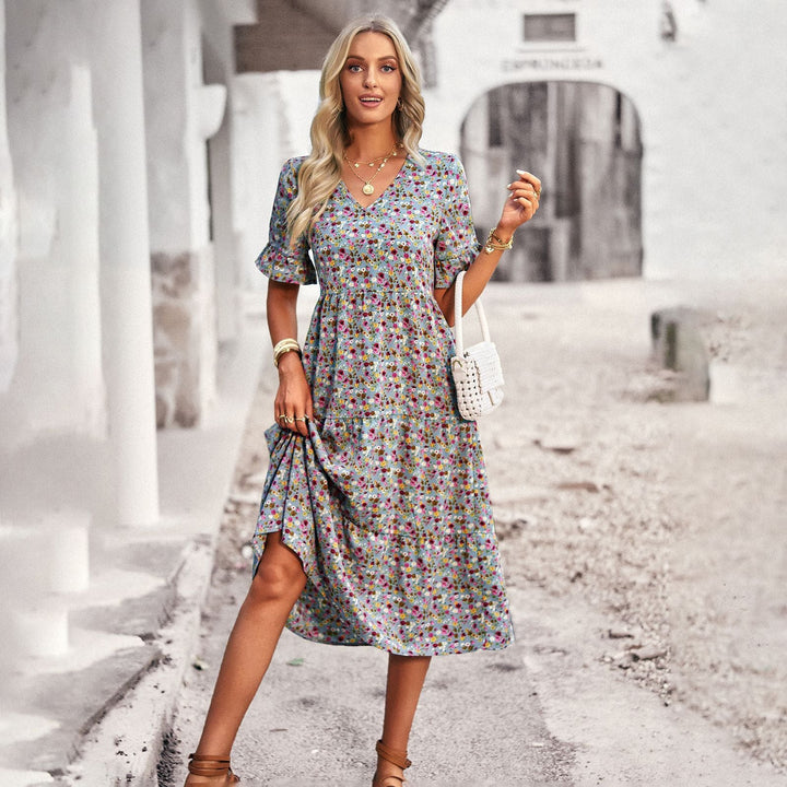 Women's Midi Dress with Floral Pattern and Playful V-Neck Lune London