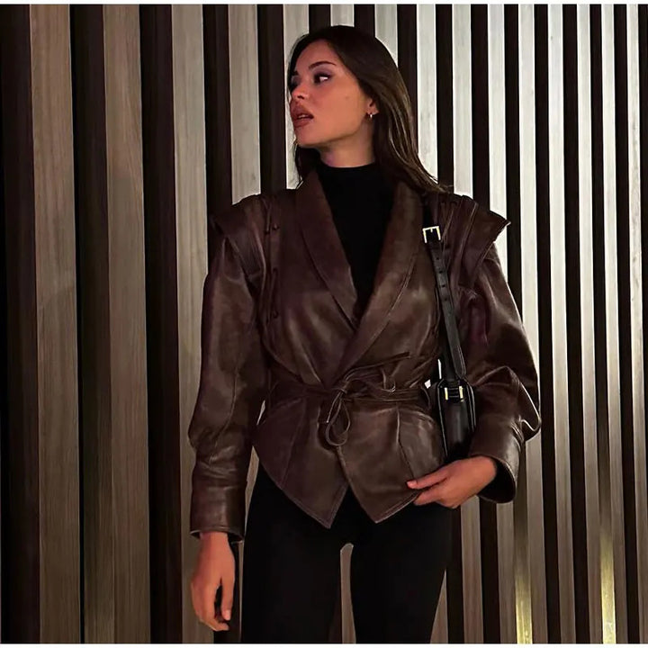 Feminine suede leather jacket with fitted cut and tie belt Lune London