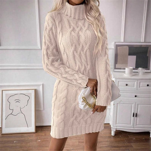 Knit dress for women with high collar and embossed pattern Lune London