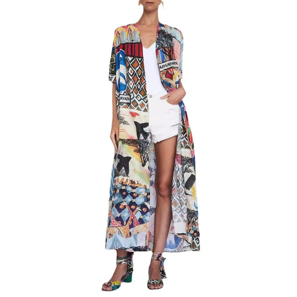 Women Colorful Printed Chic Duster Cardigan