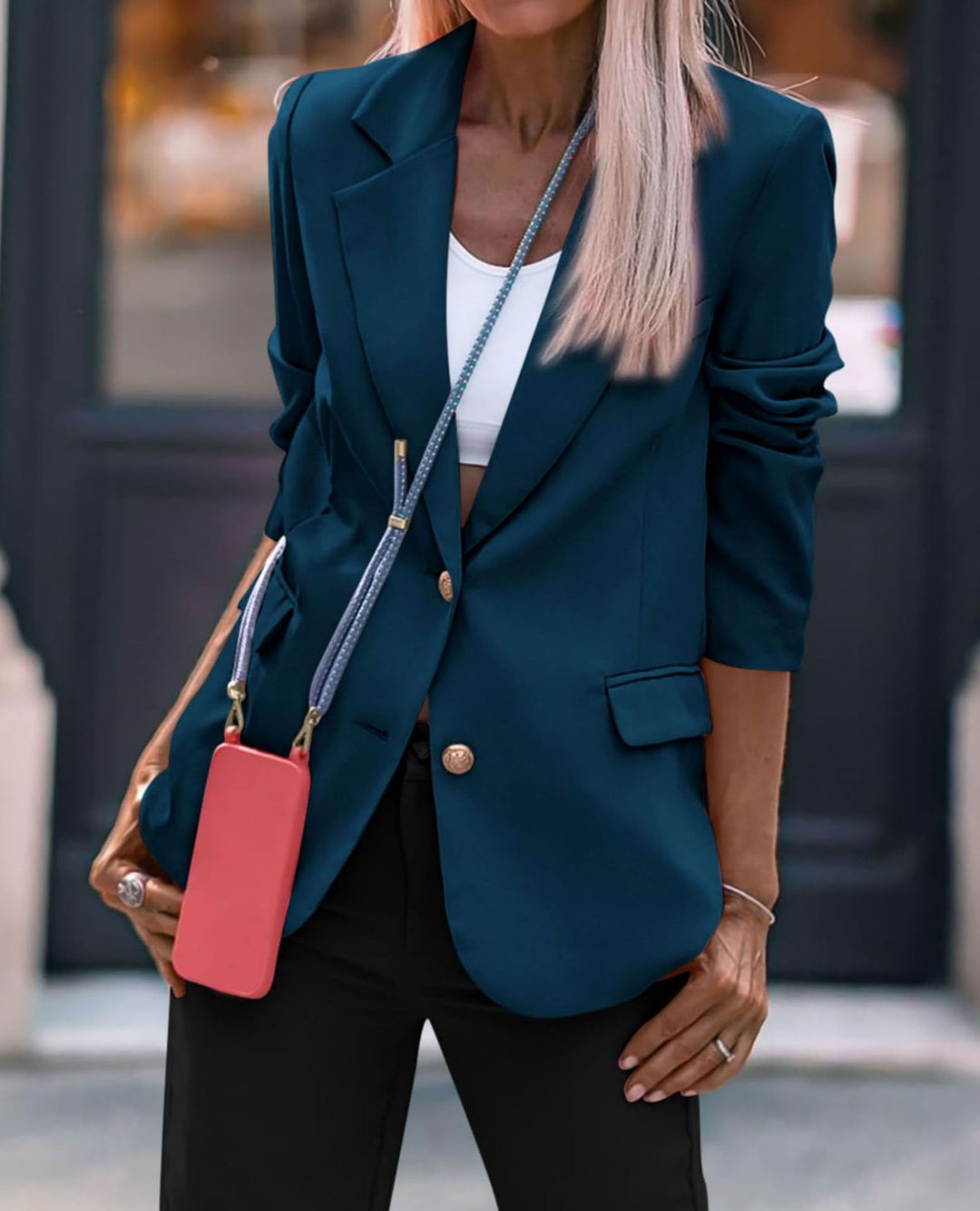 Ladies Elegant Blazer with Single Button Closure and Gold Buttons and Fitted Cut Lune London