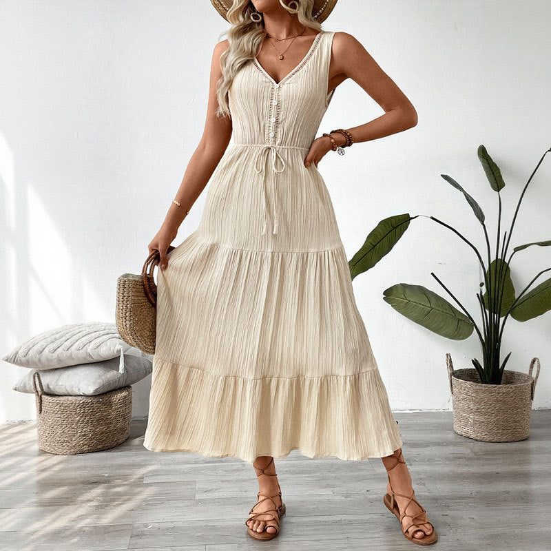 Women Adjustable Tied Belt Chic Layered Maxi Dress