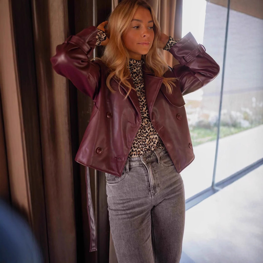 Short faux leather jacket for women with structured design and belted waist Lune London