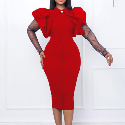 Sheath dress for ladies with puff sleeves and polka dot inserts Lune London