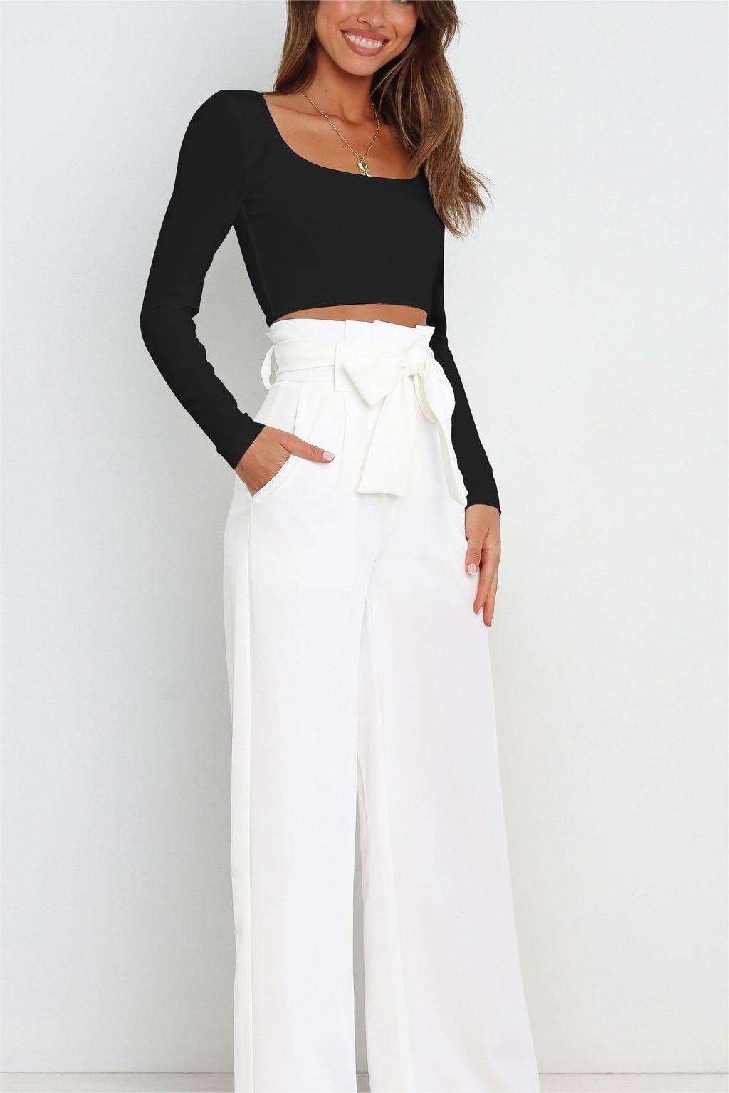 Women Wide Leg Pants with Decorative Tying Belt Lune London