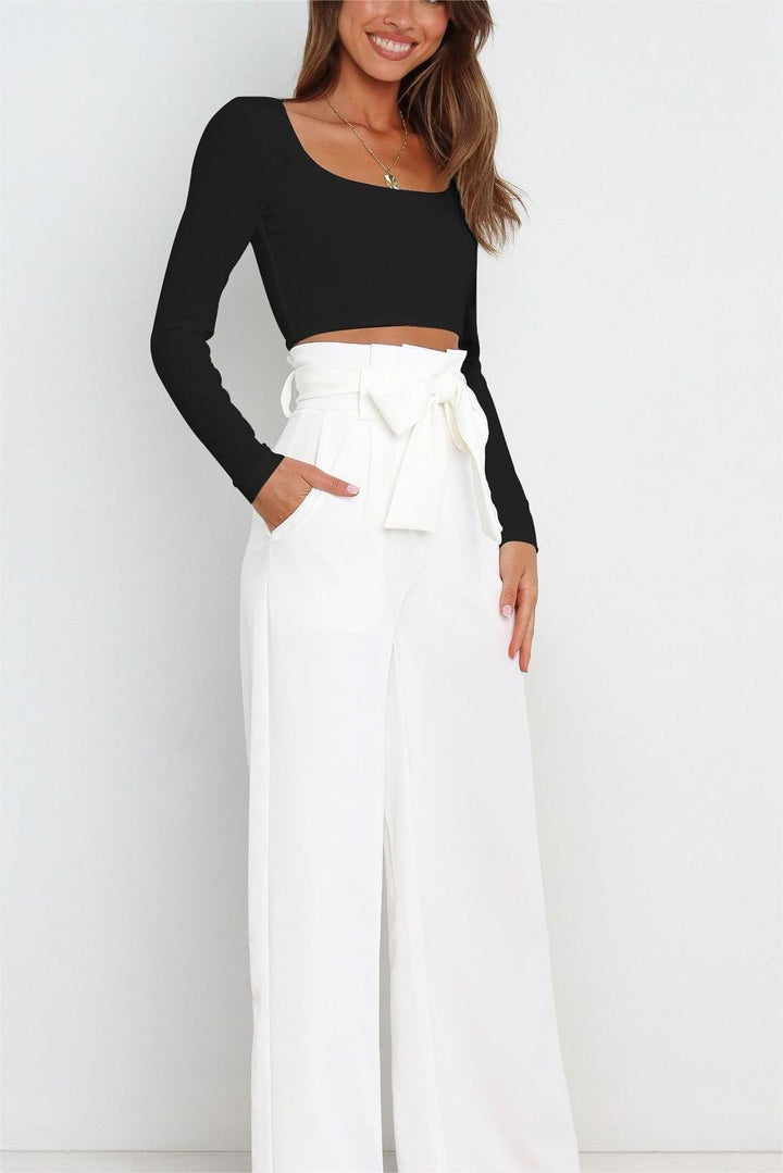 Women Wide Leg Pants with Decorative Tying Belt Lune London