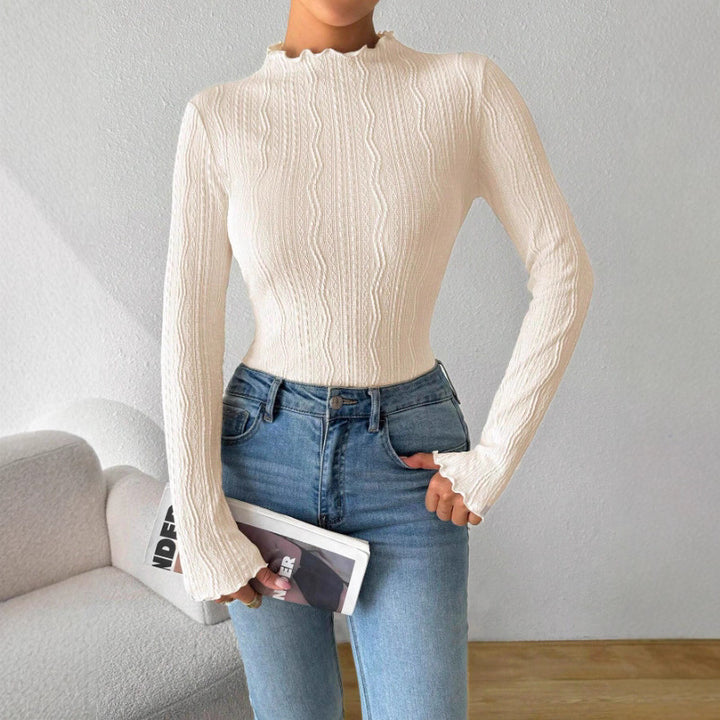 Ladies Elegant Long Sleeve T-shirt with Textured Design and Ruffles Lune London