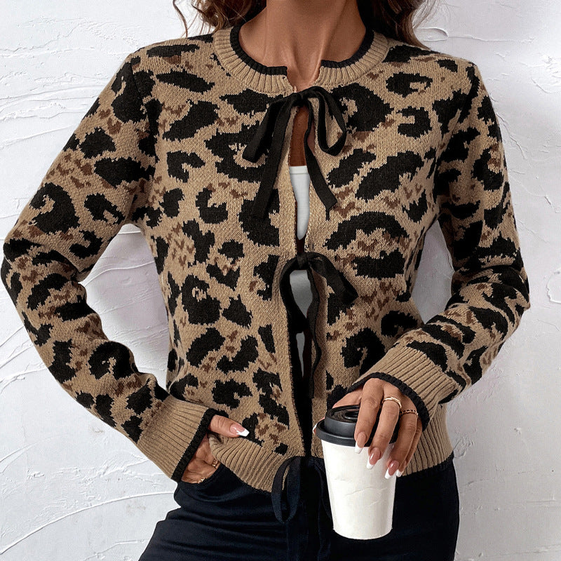 Fashionable knitted cardigan for women with bow detail and animal pattern Lune London