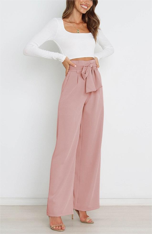 Women Wide Leg Pants with Decorative Tying Belt Lune London