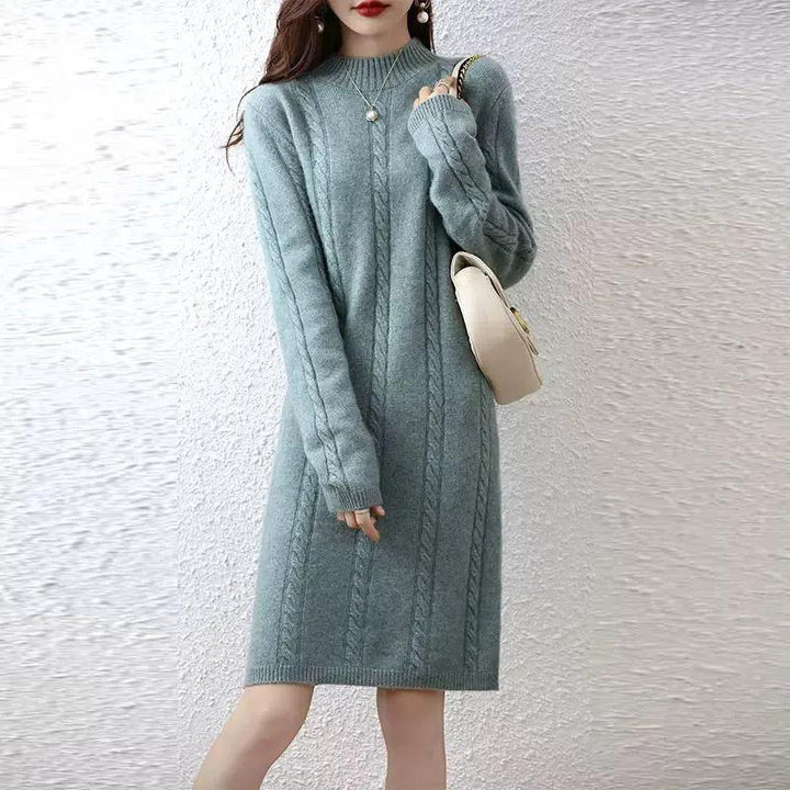 Ladies' knitted dress with elegant braid design and high collar Lune London
