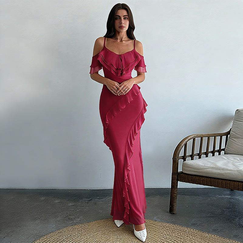 Women's elegant maxi dress with asymmetric ruffle design