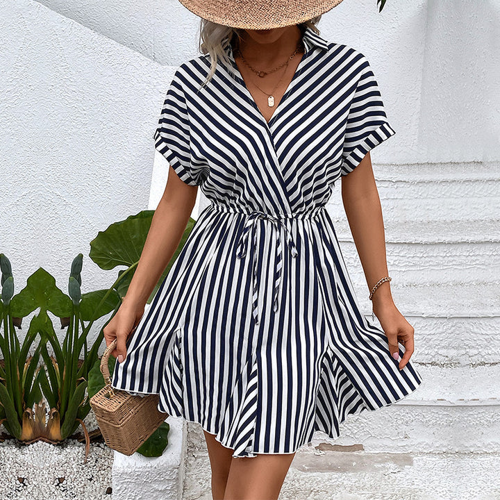 Striped wrap dress for women with adjustable cinch at the waist Lune London