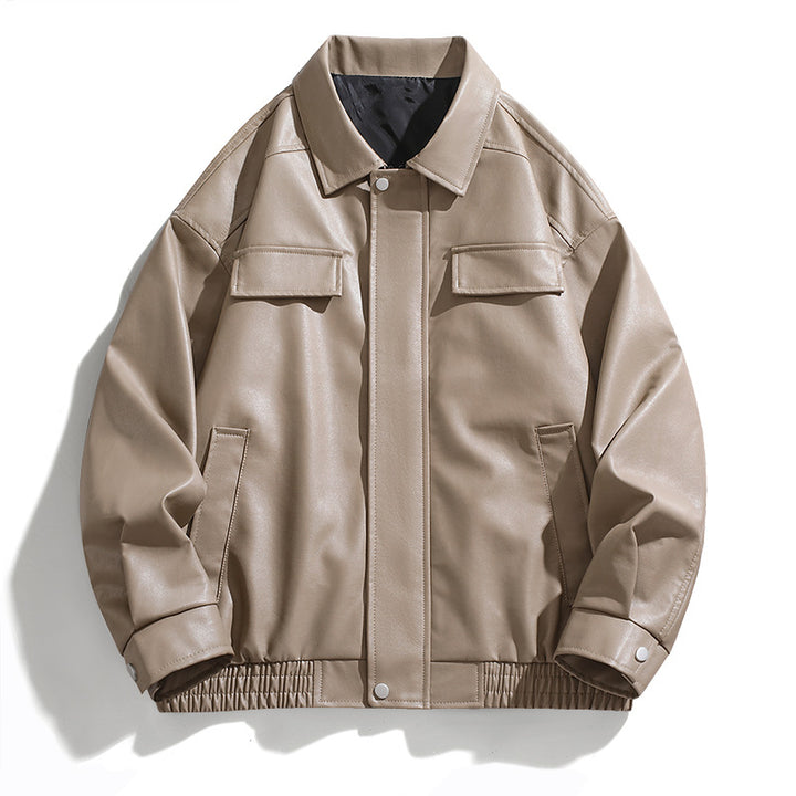 Fashionable synthetic leather jacket for men with large collar and practical pockets Lune London