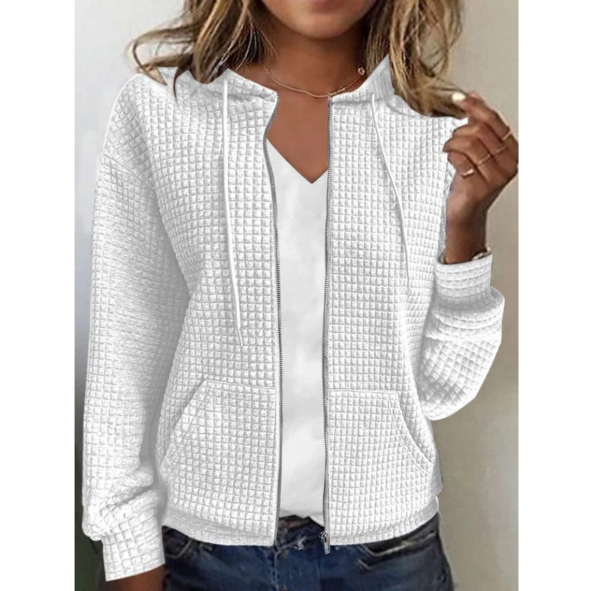 Ladies hooded jacket in textured fabric with pockets and zipper Lune London