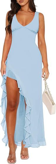 Women's maxi dress with asymmetric hem and ruffle details Lune London