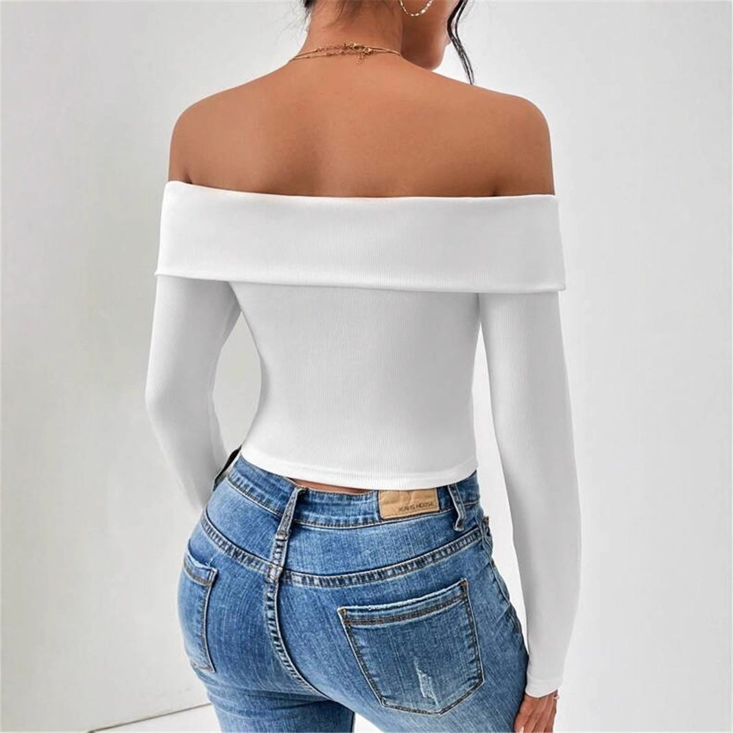 Ladies Off-shoulder top with long sleeves and fine ribbed texture Lune London