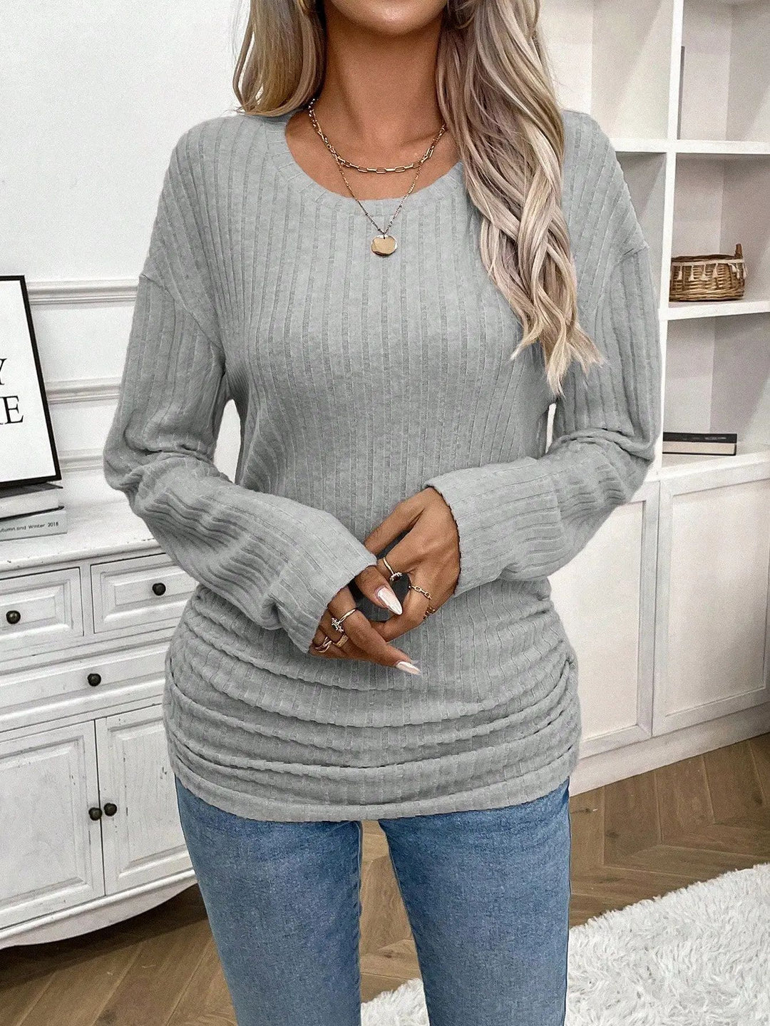 Women Long Sleeve Ribbed Top with Fitted Cut Lune London