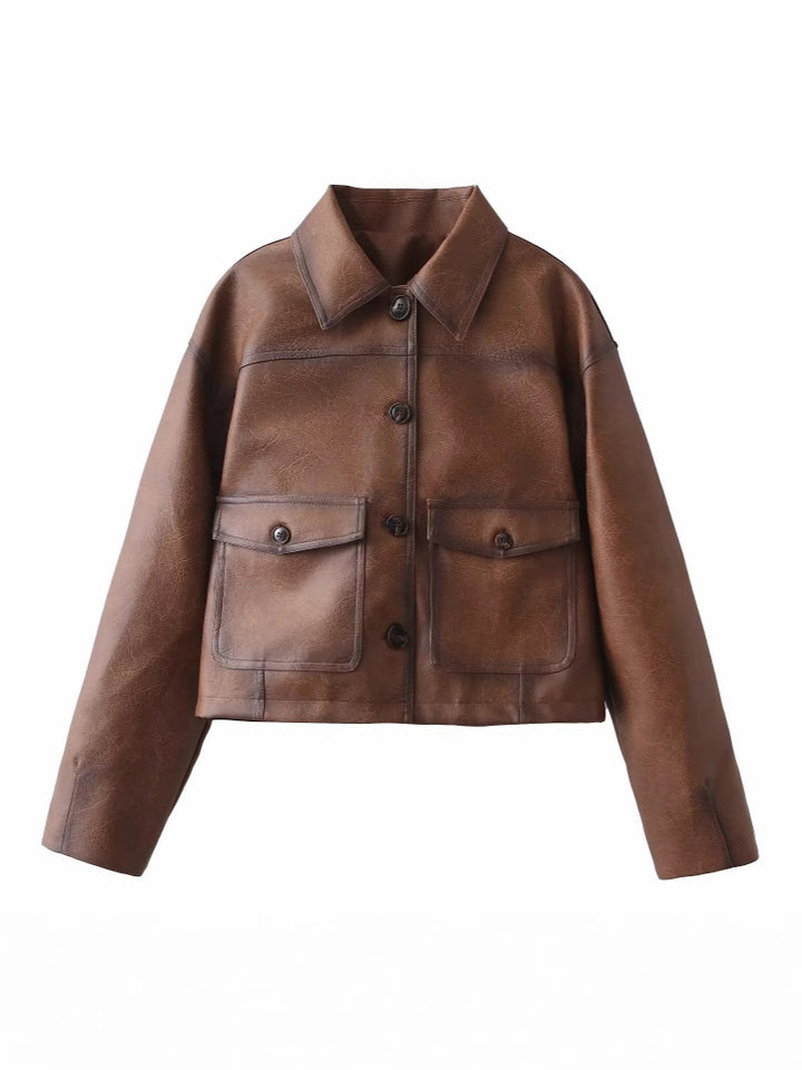 Short faux leather jacket for women with quilted design and practical flap pockets Lune London