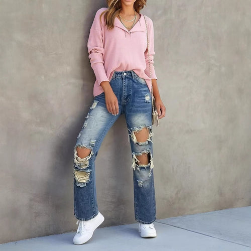 Womens casual destroyed jeans with wide leg and trendy ripped details Lune London