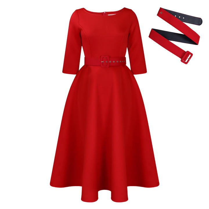 Elegant A-line dress for women with belt and ¾ sleeves Lune London