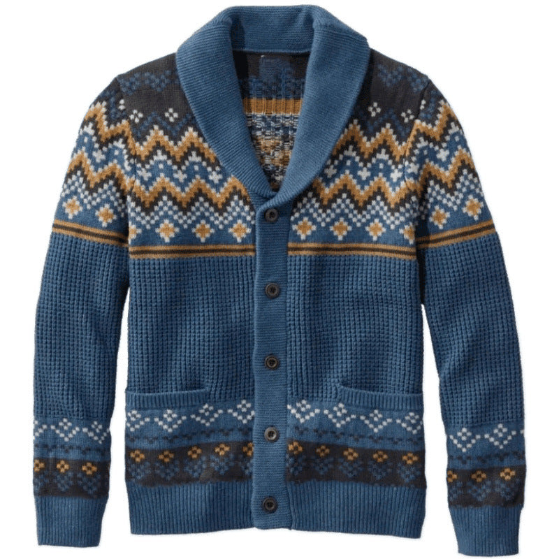 Men's knit jacket with traditional Norwegian pattern and large pockets Lune London